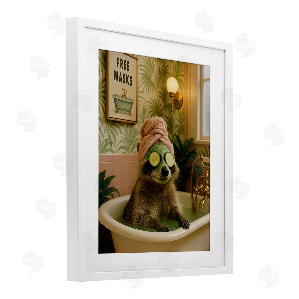 Grotto Studios Raccoon Spa Day Bath White Framed Print Under Glass Wall Art