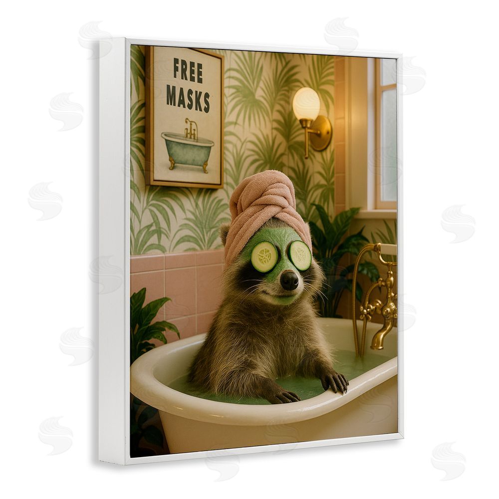 Grotto Studios Raccoon Spa Day Bath White Framed Giclee Wall Art Print