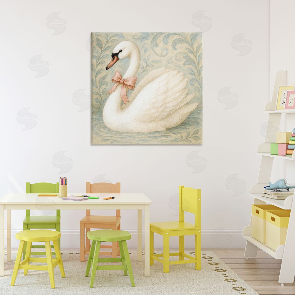 Grotto Studios Vintage Leaves Swan Stretched Canvas Wall Art in Room