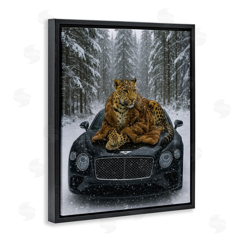 Grotto Studios Luxurious Leopard Winter Woods Black Floating Frame Canvas Wall Art Print