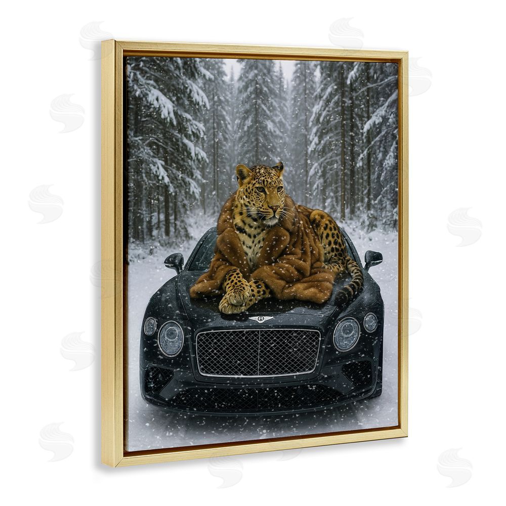 Grotto Studios Luxurious Leopard Winter Woods Gold Floating Frame Canvas Wall Art Print