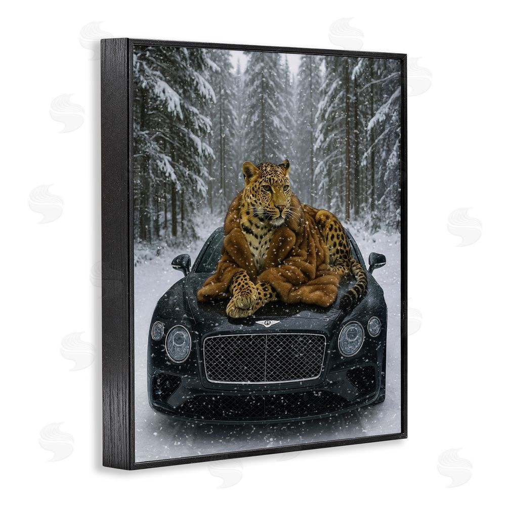 Grotto Studios Luxurious Leopard Winter Woods Black Framed Giclee Wall Art Print