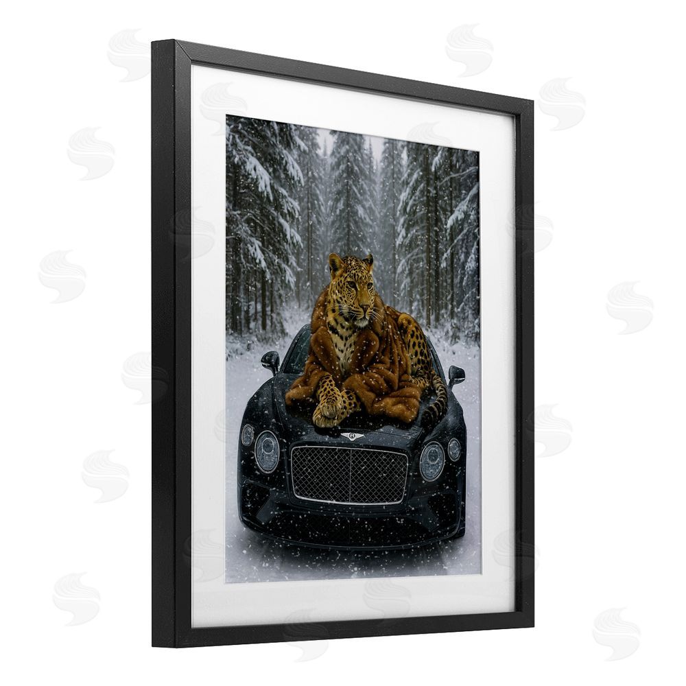 Grotto Studios Luxurious Leopard Winter Woods Black Framed Print Under Glass Wall Art
