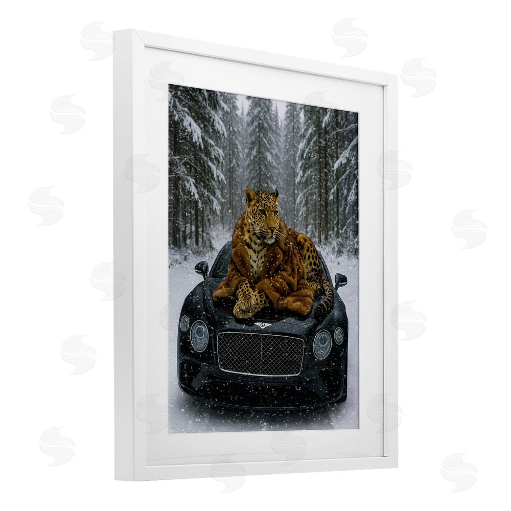 Grotto Studios Luxurious Leopard Winter Woods White Framed Print Under Glass Wall Art