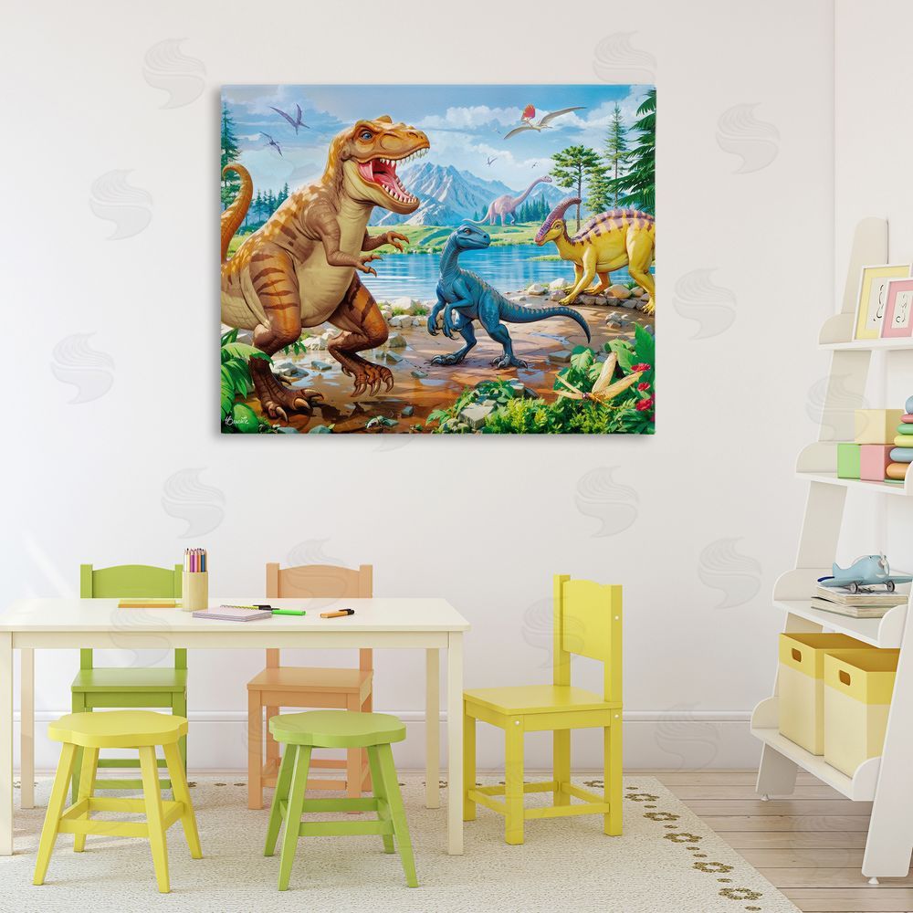 Henriette Chinaglia Lush Jurassic Lakeside Stretched Canvas Wall Art in Room