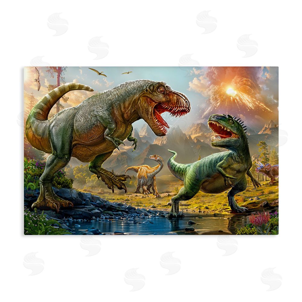 Henriette Chinaglia T-Rex Encounter at Riverbank Stretched Canvas Wall Art Print