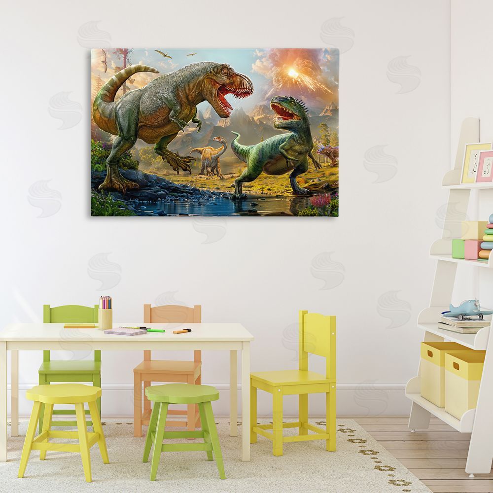 Henriette Chinaglia T-Rex Encounter at Riverbank Stretched Canvas Wall Art in Room