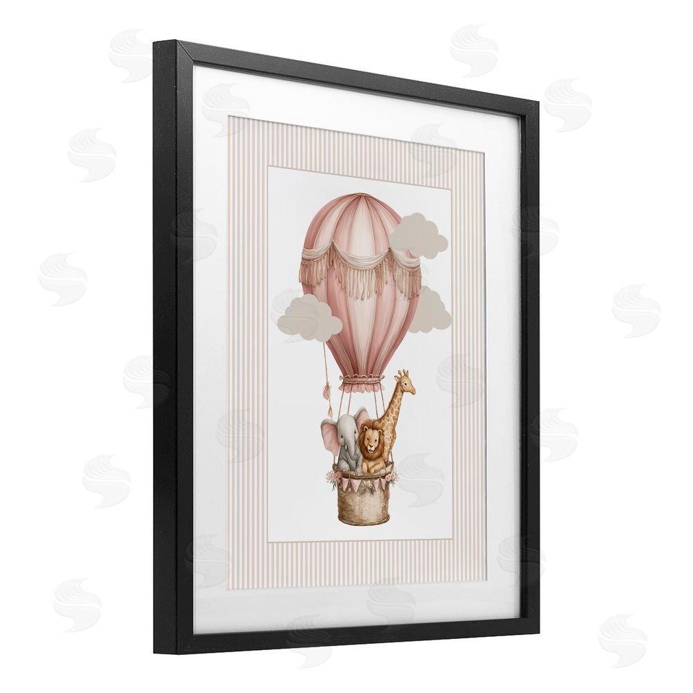 Christine Simpson Art Hot Air Balloon Animals Pink Black Framed Print Under Glass Wall Art