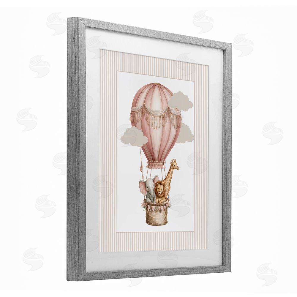 Christine Simpson Art Hot Air Balloon Animals Pink Gray Framed Print Under Glass Wall Art