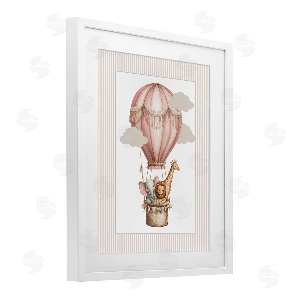 Christine Simpson Art Hot Air Balloon Animals Pink White Framed Print Under Glass Wall Art