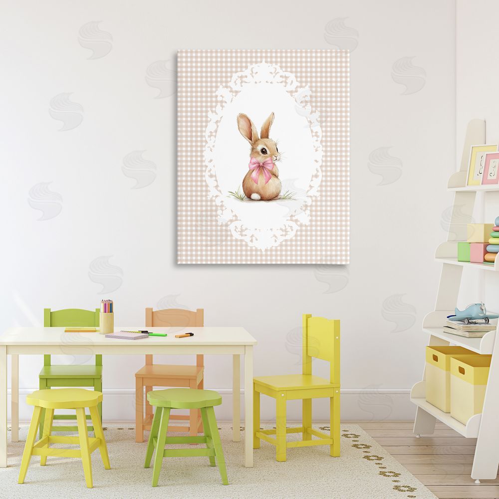 Christine Simpson Art Vintage Bow & Gingham Bunny Stretched Canvas Wall Art Print in Room