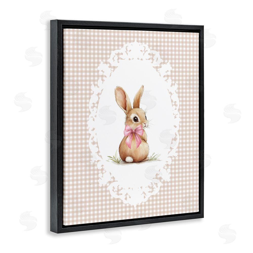 Christine Simpson Art Vintage Bow & Gingham Bunny Black Floating Frame Canvas Wall Art Print