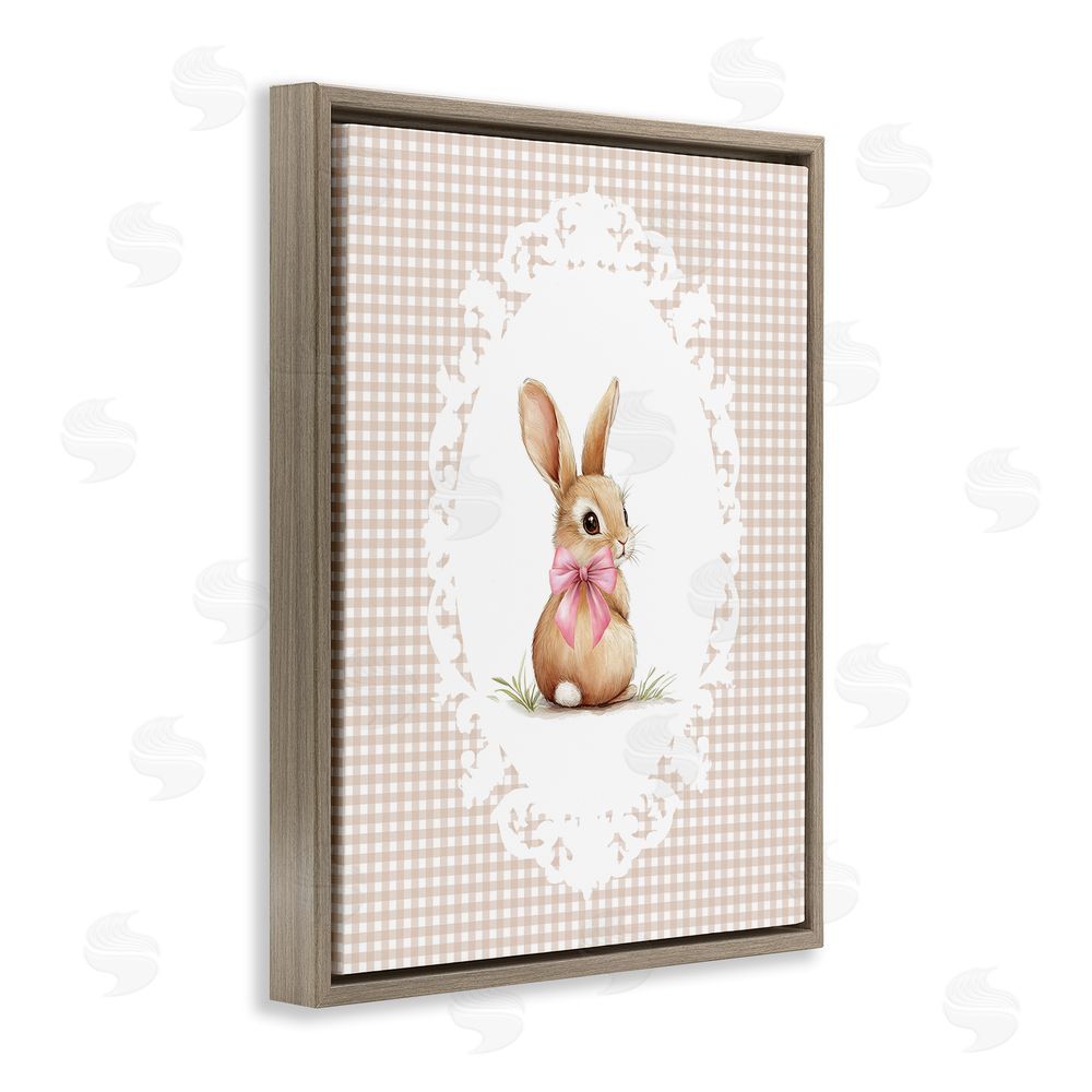 Christine Simpson Art Vintage Bow & Gingham Bunny Brown Floating Frame Canvas Wall Art Print