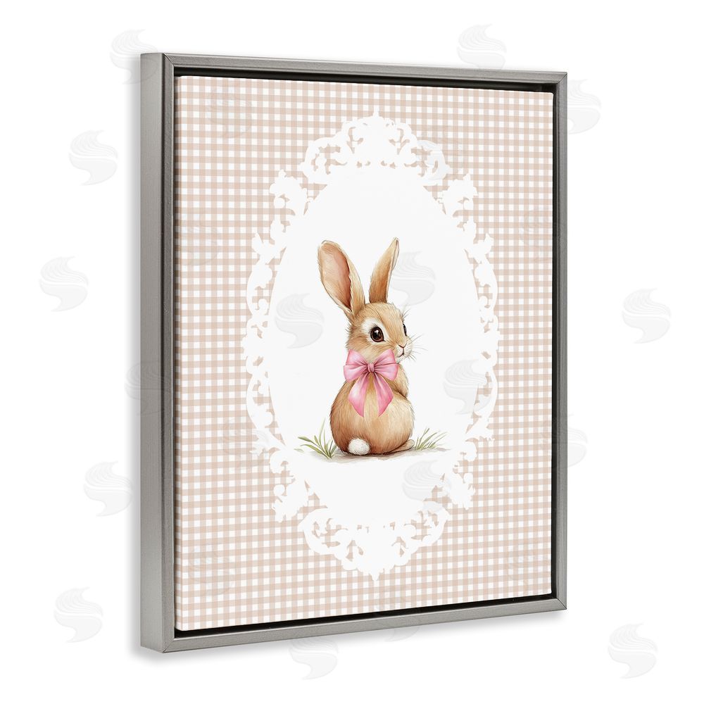 Christine Simpson Art Vintage Bow & Gingham Bunny Gray Floating Frame Canvas Wall Art Print