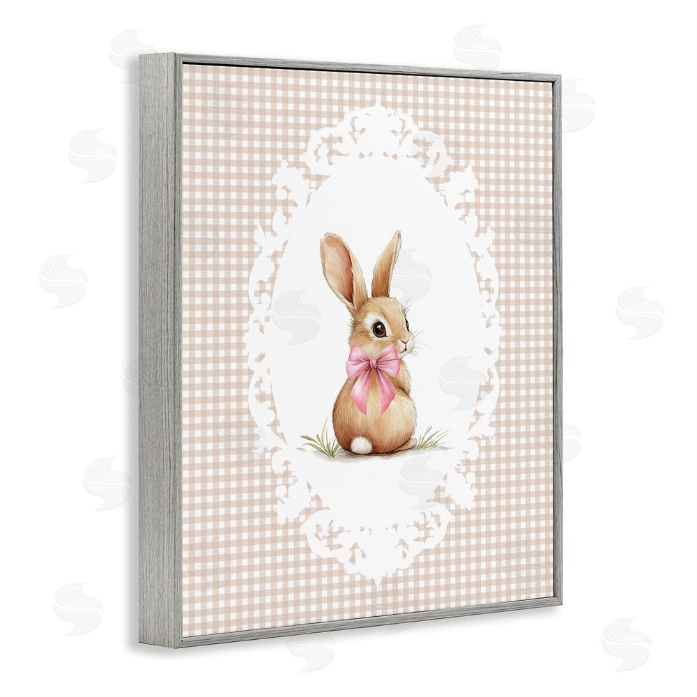 Christine Simpson Art Vintage Bow & Gingham Bunny Gray Framed Giclee Wall Art Print