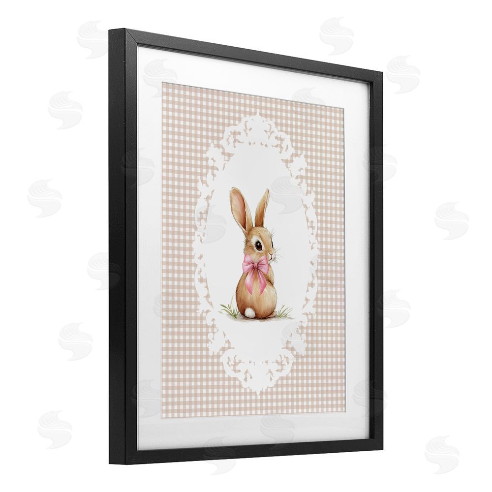 Christine Simpson Art Vintage Bow & Gingham Bunny Black Framed Print Under Glass Wall Art