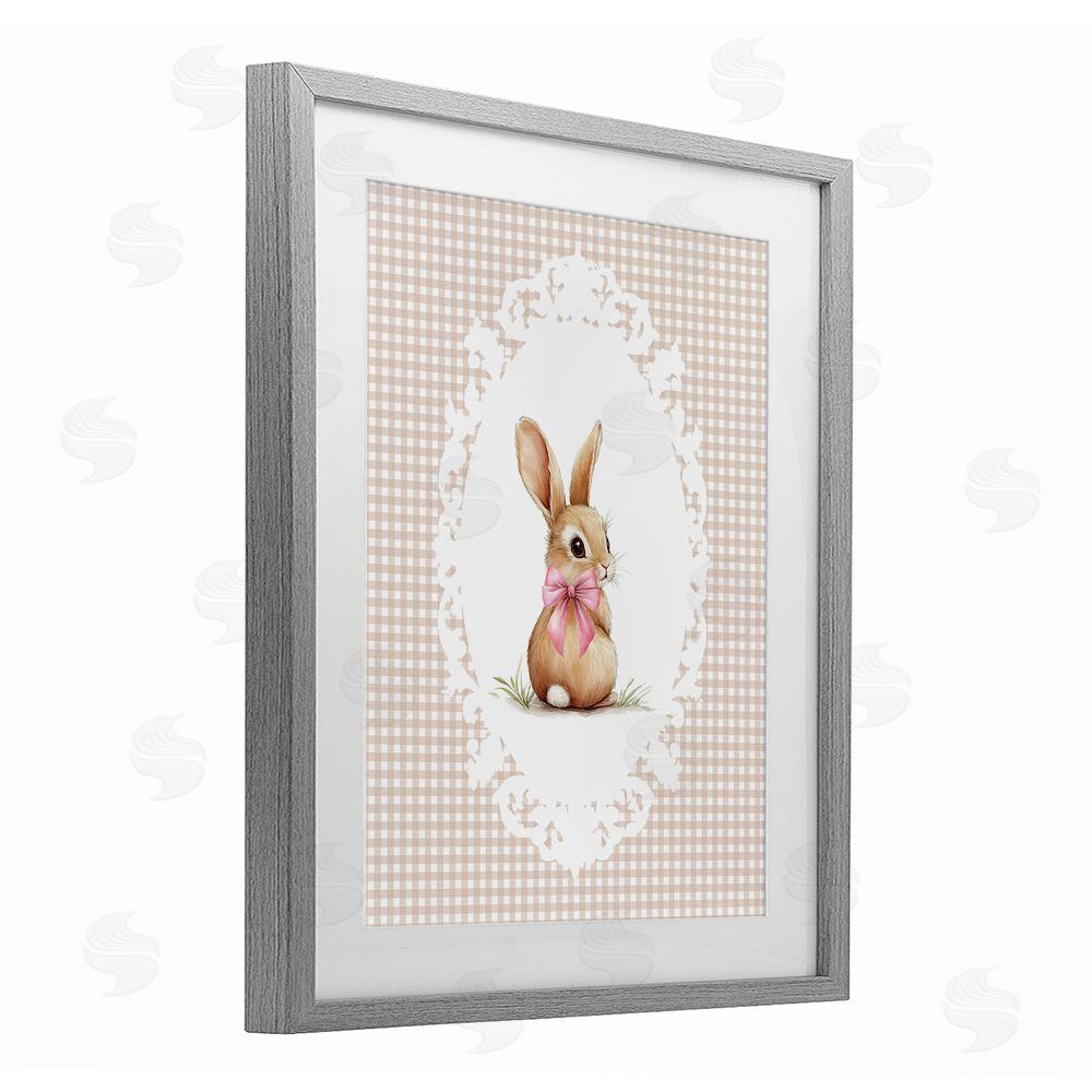 Christine Simpson Art Vintage Bow & Gingham Bunny Gray Framed Print Under Glass Wall Art