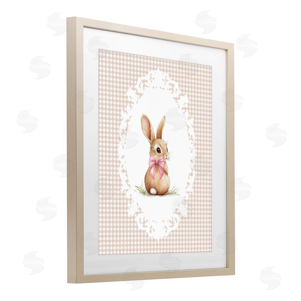 Christine Simpson Art Vintage Bow & Gingham Bunny Brown Framed Print Under Glass Wall Art