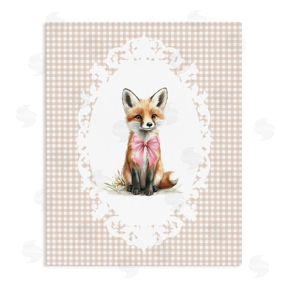Christine Simpson Art Vintage Bow Fox on Gingham Stretched Canvas Wall Art Print