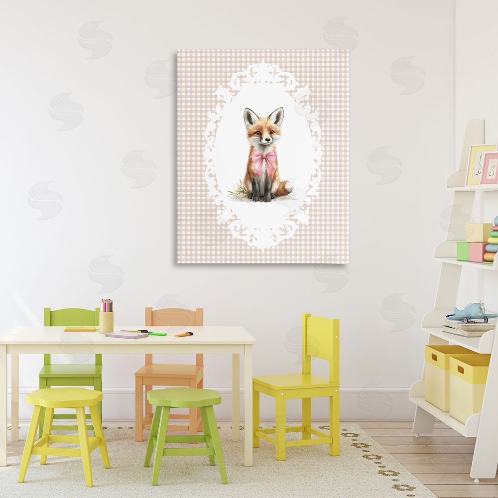 Christine Simpson Art Vintage Bow Fox on Gingham