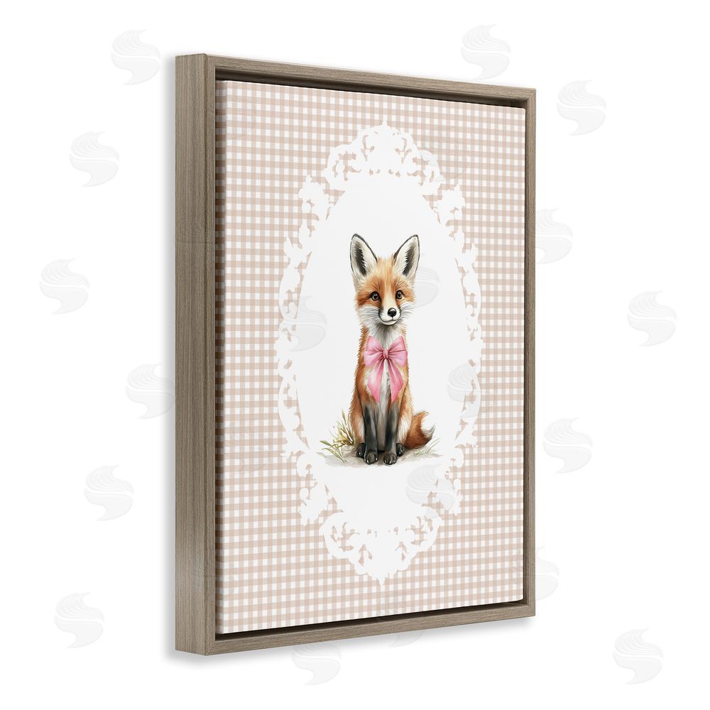 Christine Simpson Art Vintage Bow Fox on Gingham Brown Floating Frame Canvas Wall Art Print