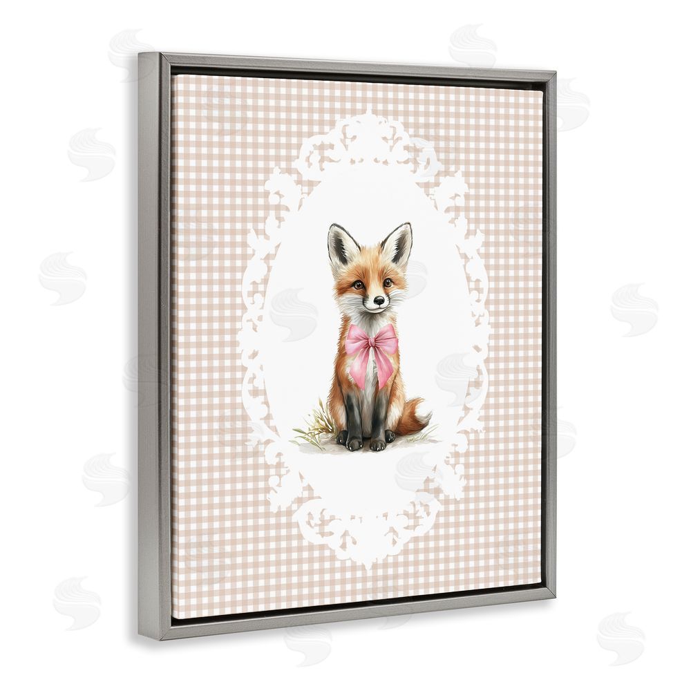 Christine Simpson Art Vintage Bow Fox on Gingham Gray Floating Frame Canvas Wall Art Print