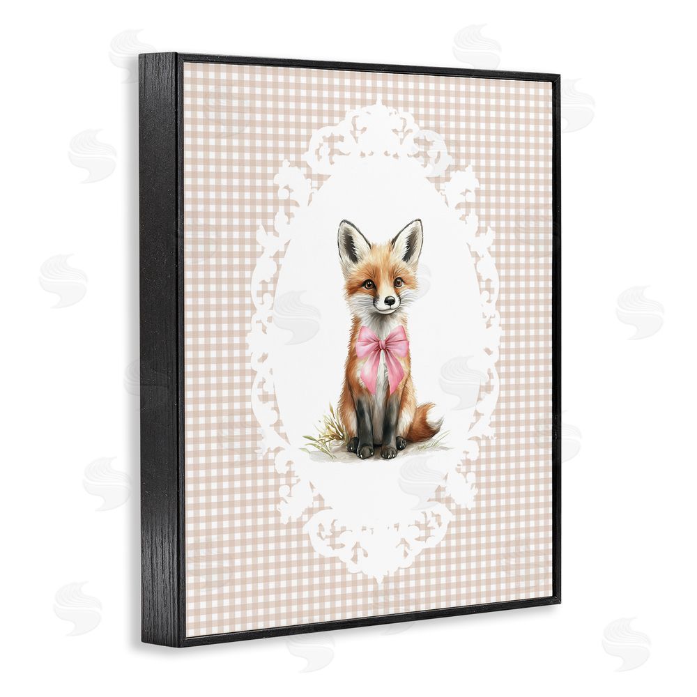 Christine Simpson Art Vintage Bow Fox on Gingham Black Framed Giclee Wall Art Print