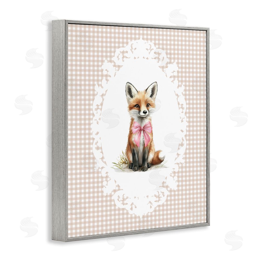 Christine Simpson Art Vintage Bow Fox on Gingham Gray Framed Giclee Wall Art Print