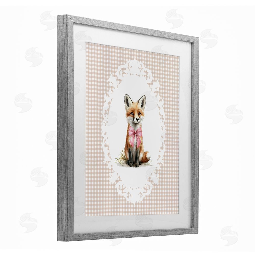 Christine Simpson Art Vintage Bow Fox on Gingham Gray Framed Print Under Glass Wall Art