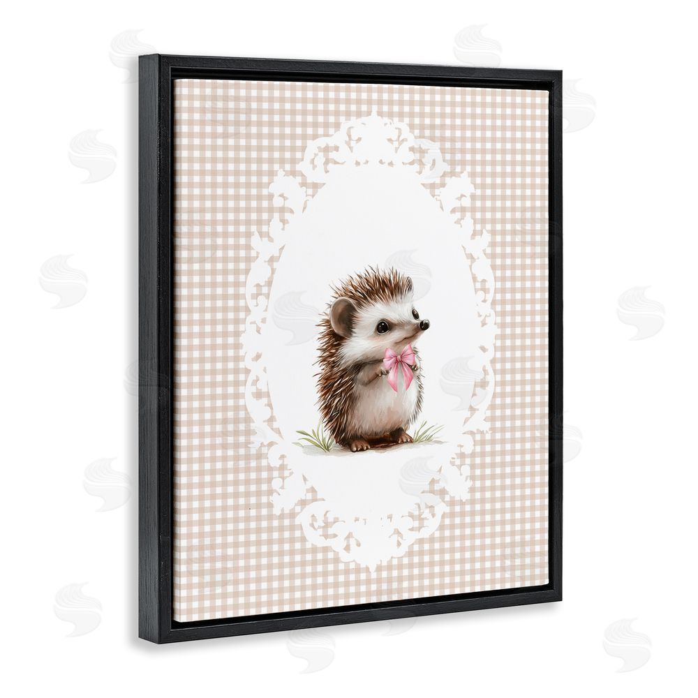 Christine Simpson Art Vintage Bow Hedgehog on Gingham Black Floating Frame Canvas Wall Art Print