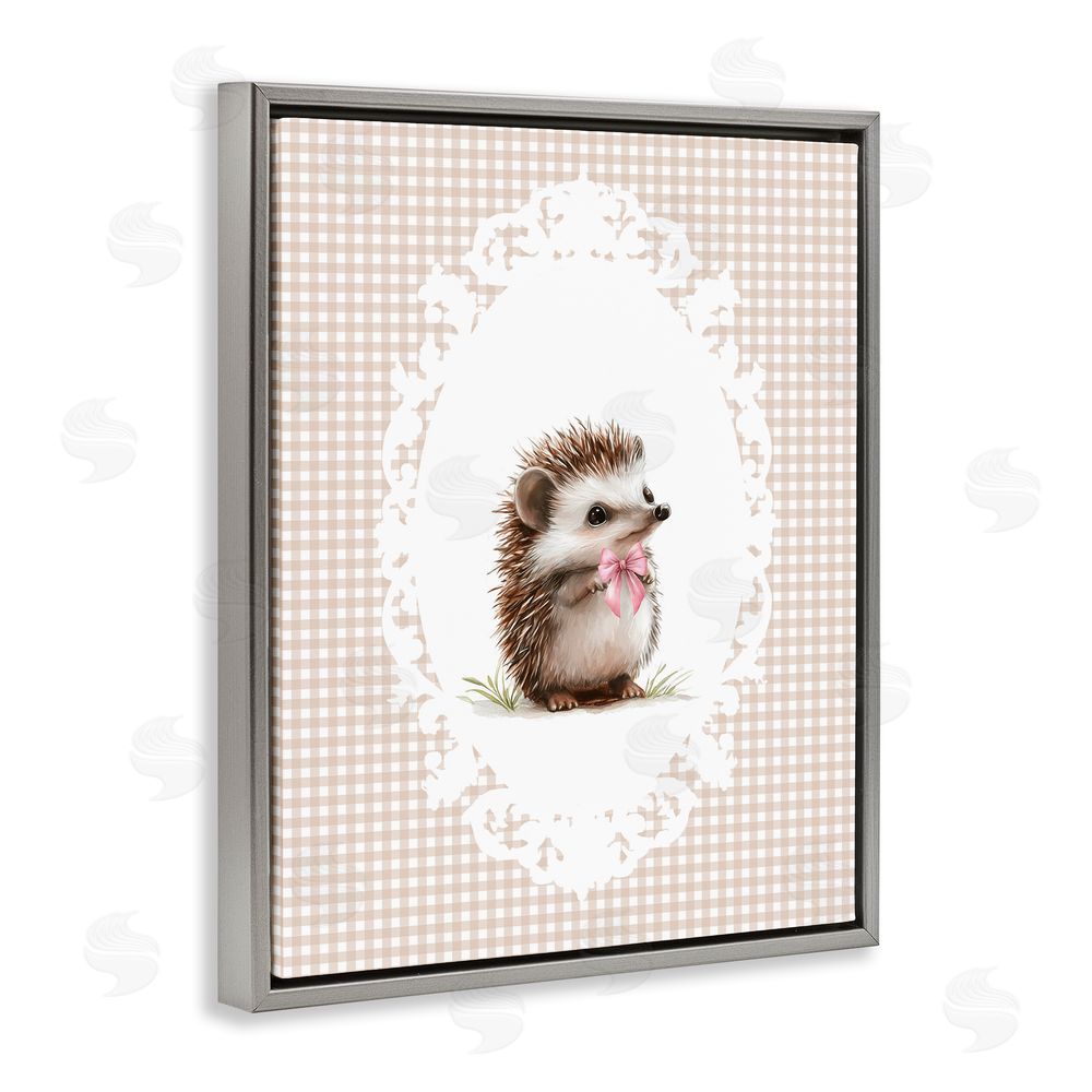 Christine Simpson Art Vintage Bow Hedgehog on Gingham Gray Floating Frame Canvas Wall Art Print