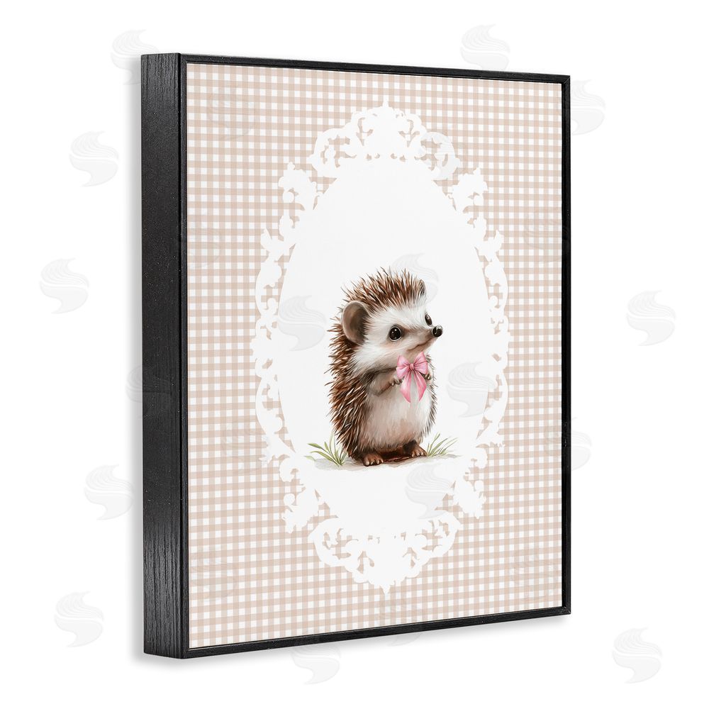 Christine Simpson Art Vintage Bow Hedgehog on Gingham Black Framed Giclee Wall Art Print