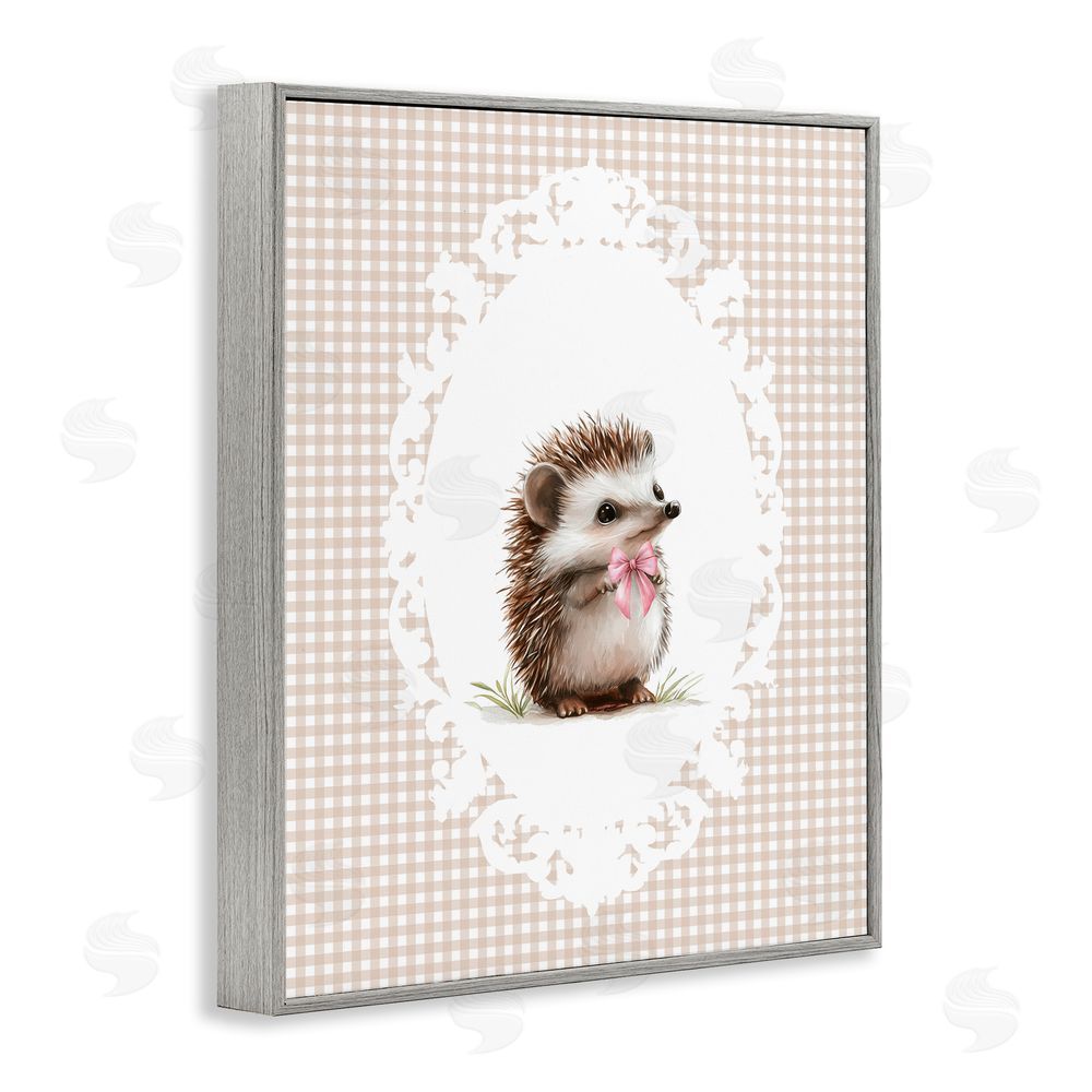 Christine Simpson Art Vintage Bow Hedgehog on Gingham Gray Framed Giclee Wall Art Print
