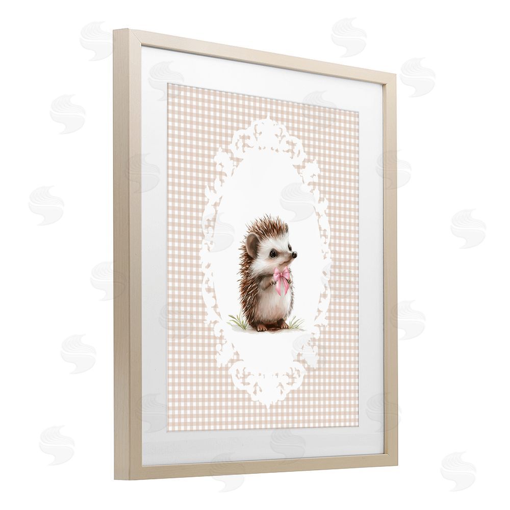 Christine Simpson Art Vintage Bow Hedgehog on Gingham Brown Framed Print Under Glass Wall Art