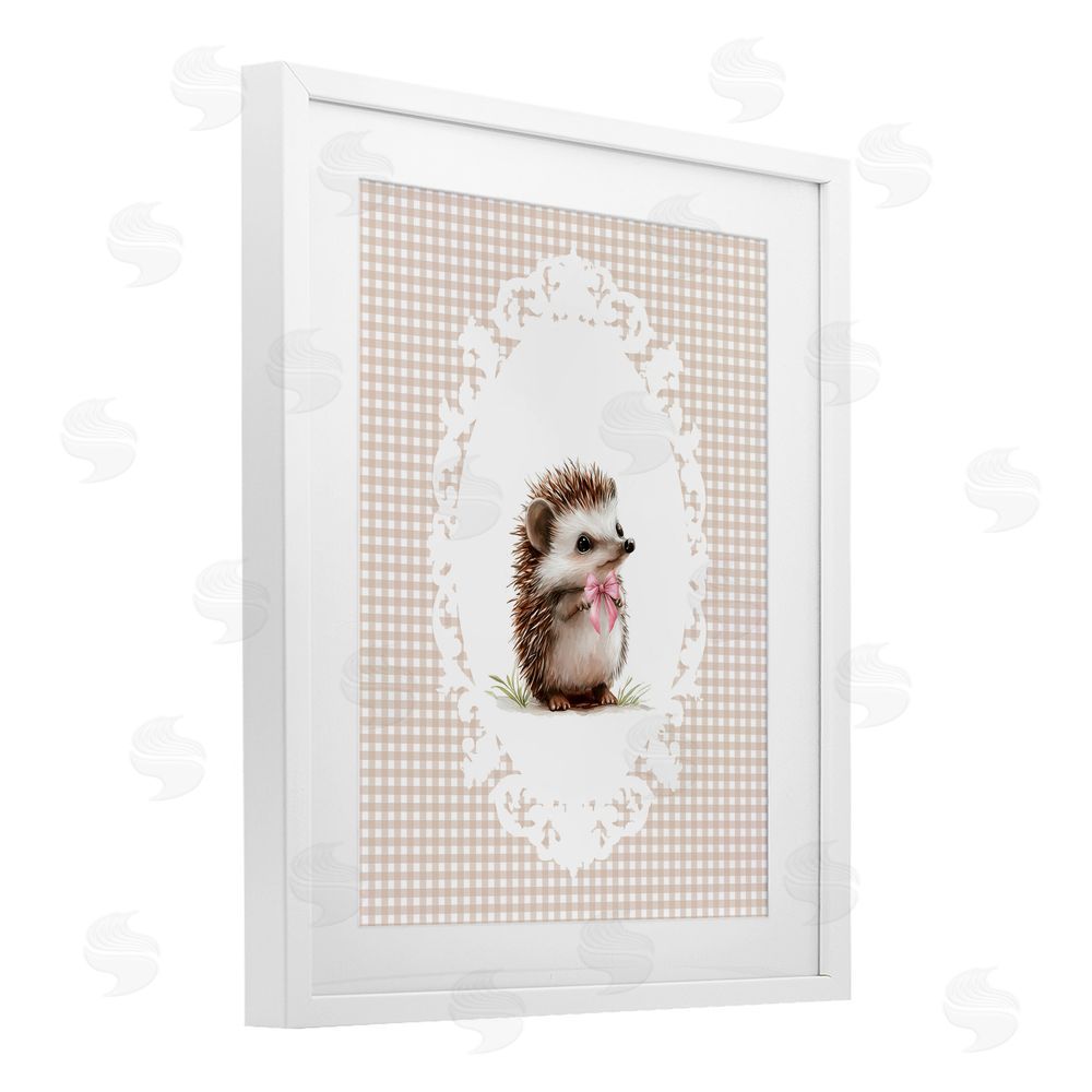 Christine Simpson Art Vintage Bow Hedgehog on Gingham White Framed Print Under Glass Wall Art