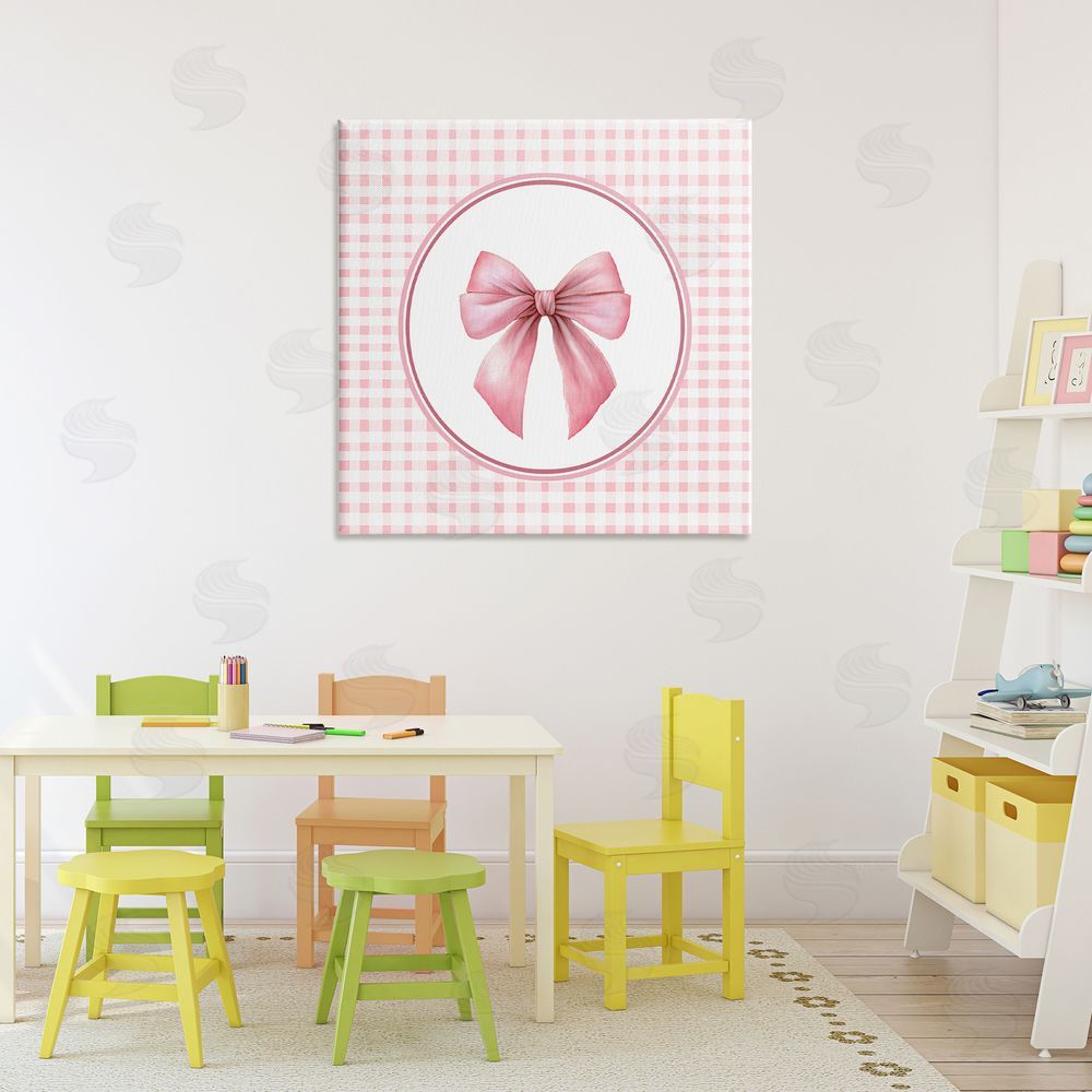 Christine Simpson Art Pink Bow with Circular Gingham Stretched Canvas Wall Art in Room