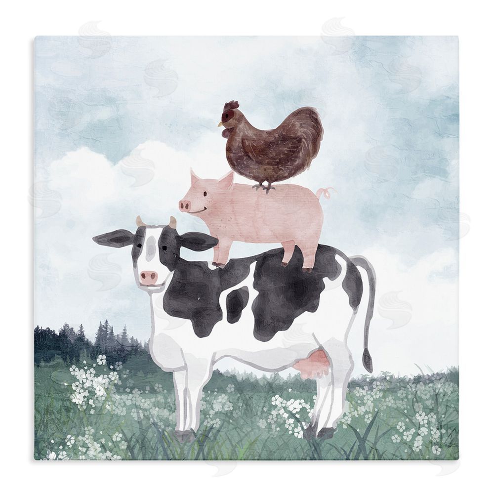 Kim Allen Muted Stacked Farm Animals Stretched Canvas Wall Art Print