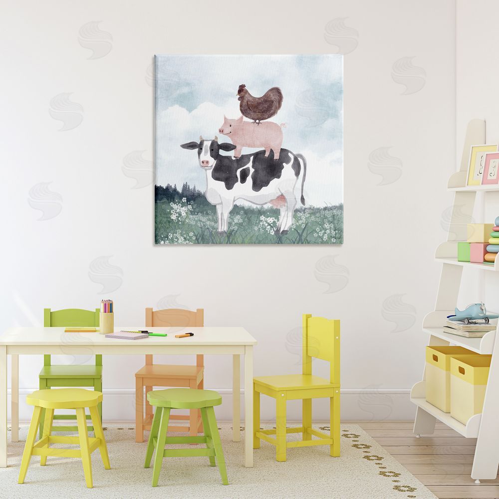 Kim Allen Muted Stacked Farm Animals Stretched Canvas Wall Art in Room