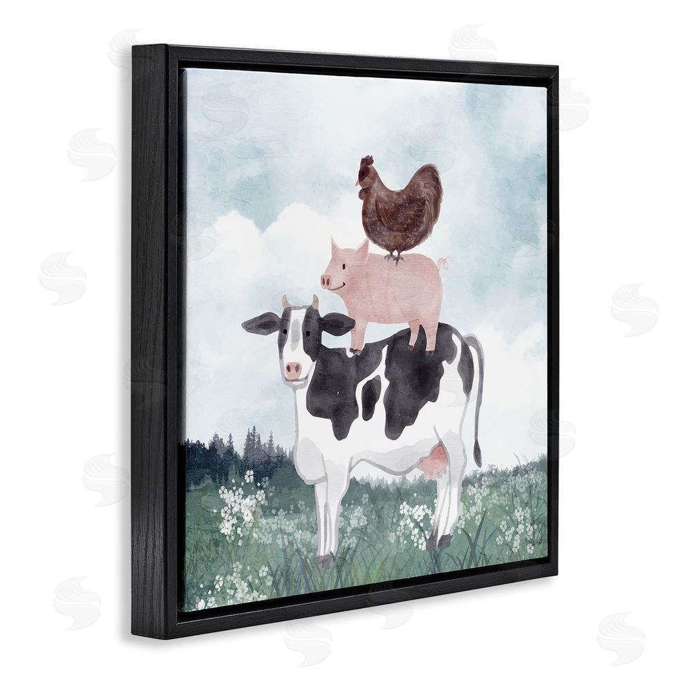 Kim Allen Muted Stacked Farm Animals Black Floating Frame Canvas Wall Art Print