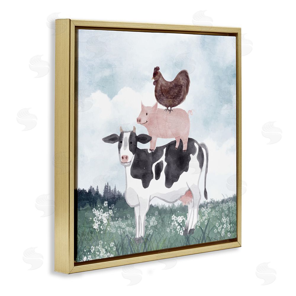 Kim Allen Muted Stacked Farm Animals Gold Floating Frame Canvas Wall Art Print