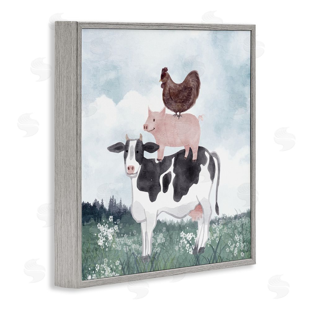 Kim Allen Muted Stacked Farm Animals Gray Framed Giclee Wall Art Print