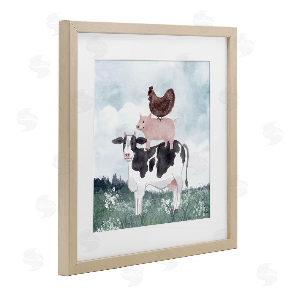 Kim Allen Muted Stacked Farm Animals Brown Framed Print Under Glass Wall Art