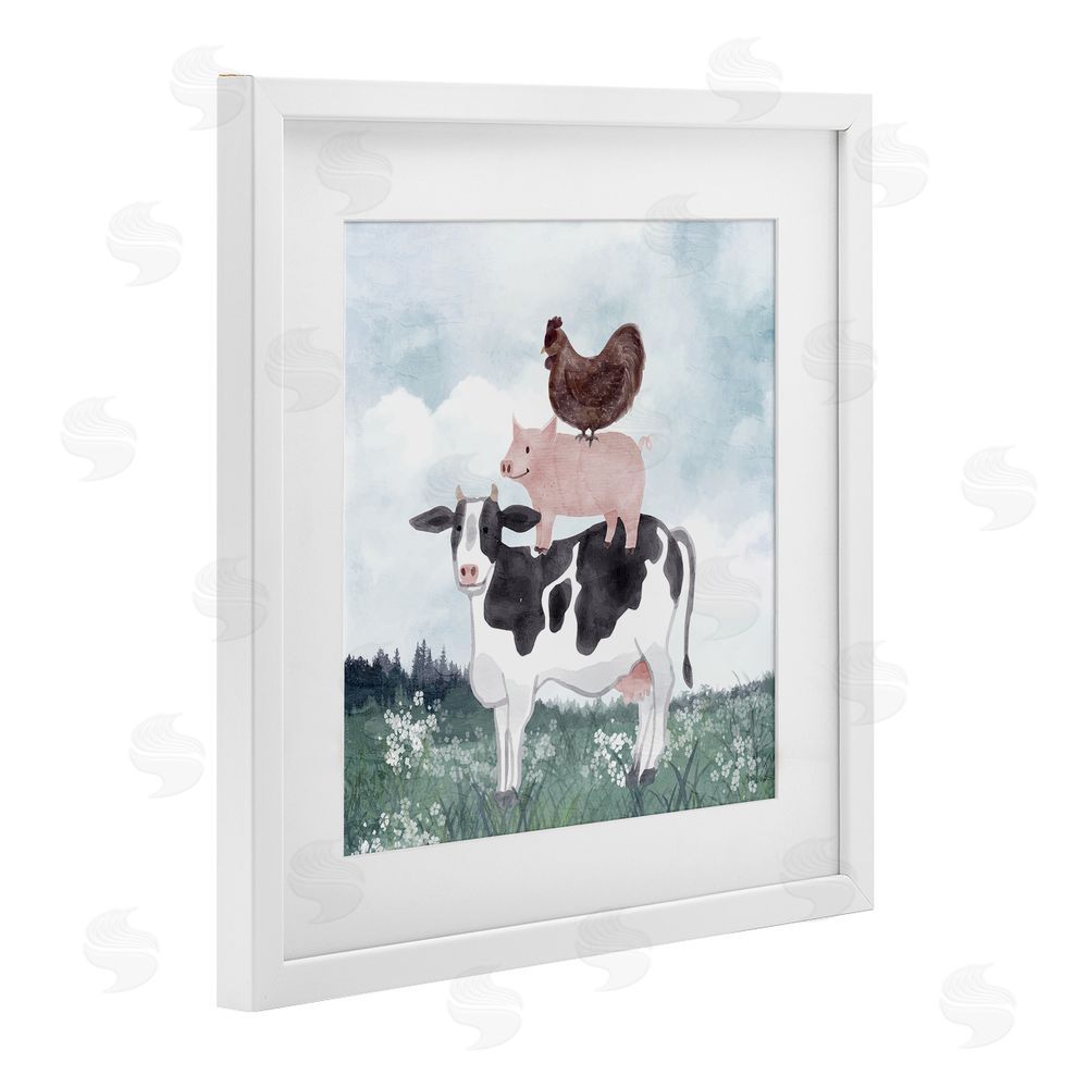Kim Allen Muted Stacked Farm Animals White Framed Print Under Glass Wall Art