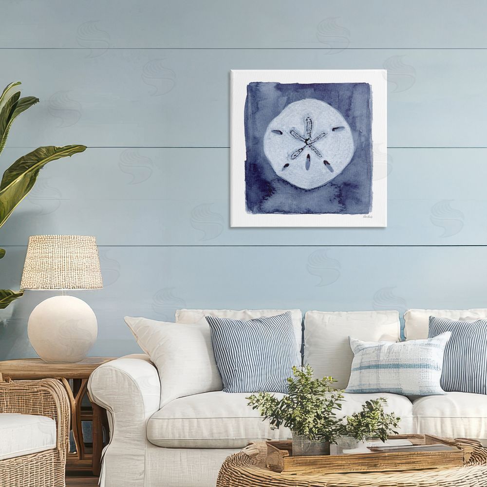 Patti Bishop White Sand Dollar on Indigo Stretched Canvas Wall Art in Room