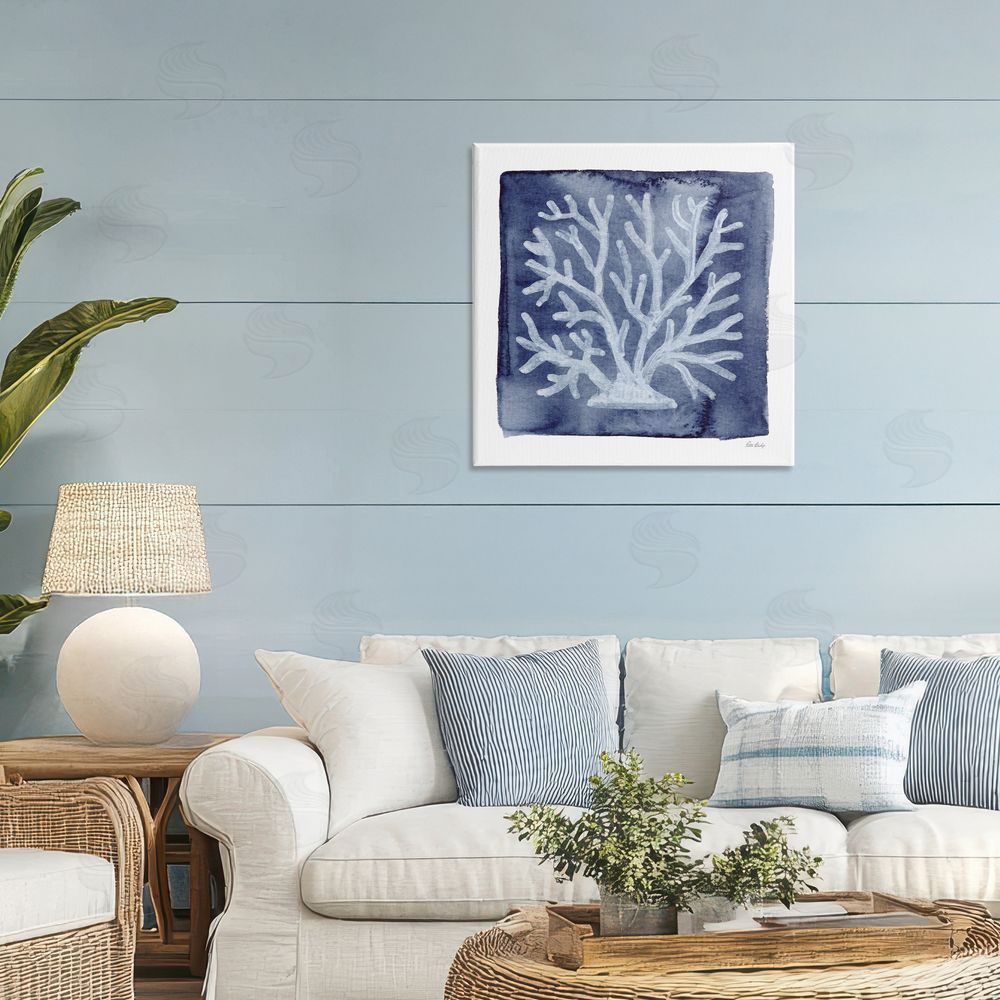 Patti Bishop White Coral on Indigo Stretched Canvas Wall Art in Room