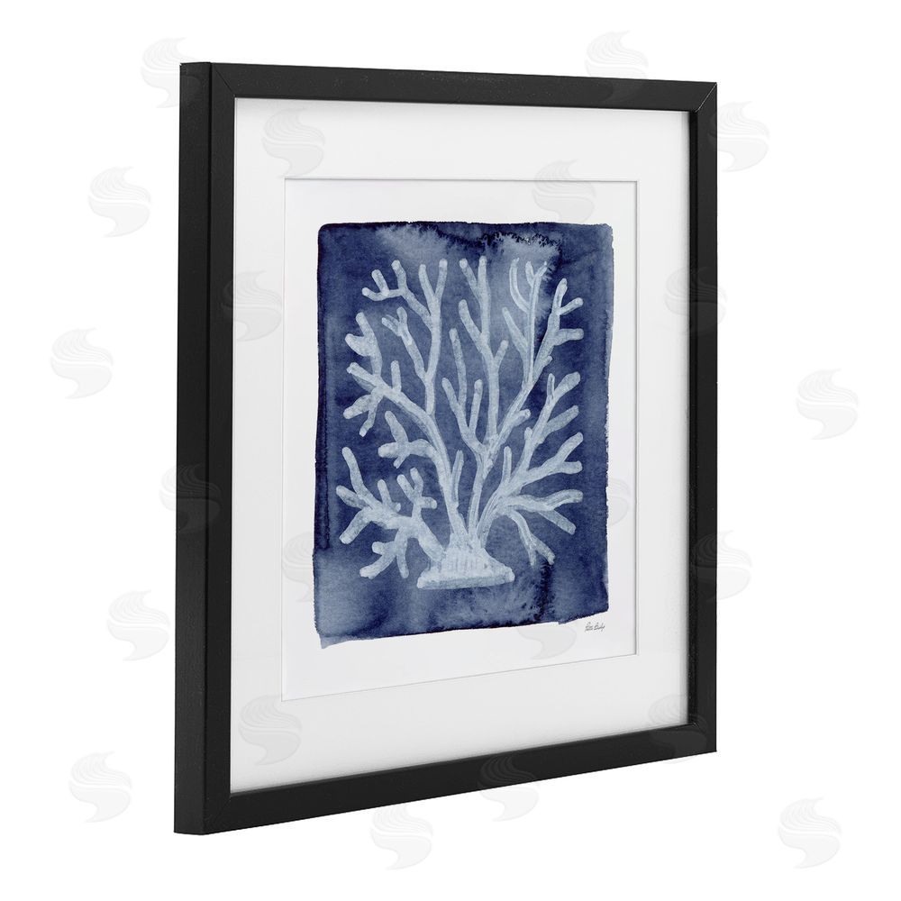 Patti Bishop White Coral on Indigo Black Framed Print Under Glass Wall Art