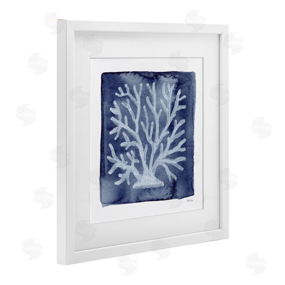 Patti Bishop White Coral on Indigo White Framed Print Under Glass Wall Art