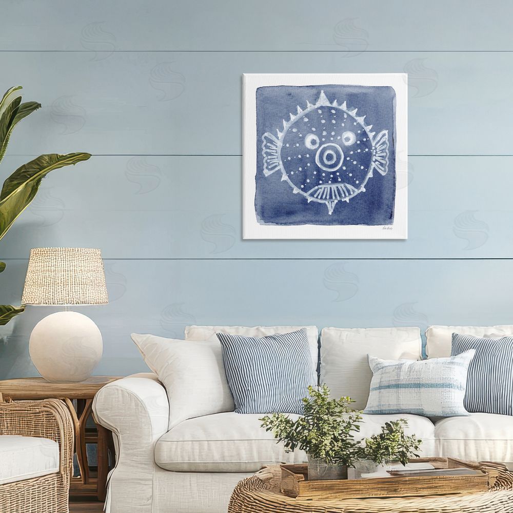Patti Bishop White Blow Fish on Indigo Stretched Canvas Wall Art in Room