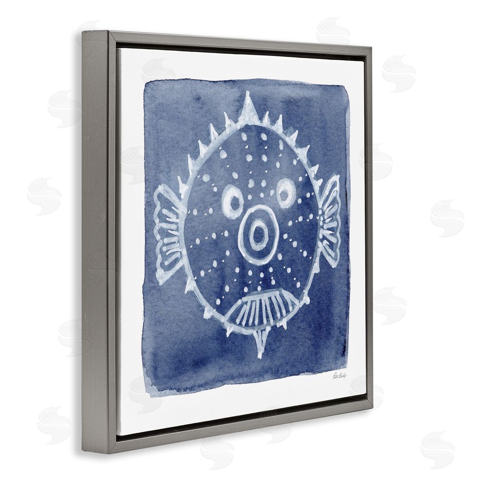 Patti Bishop White Blow Fish on Indigo Gray Floating Frame Canvas Wall Art Print