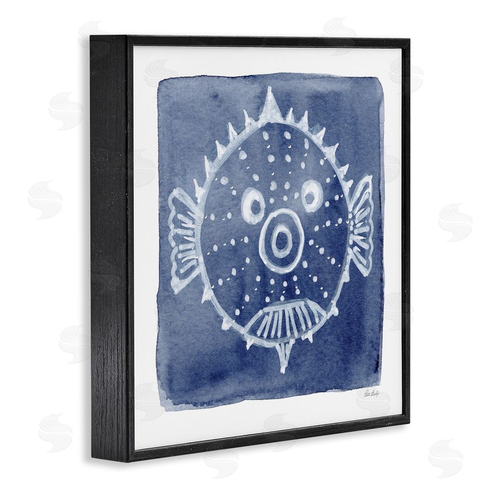 Patti Bishop White Blow Fish on Indigo Black Framed Giclee Wall Art Print